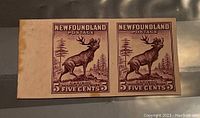 Front view of the imperforate pair of Newfoundland postage stamps featuring caribou, showing design and condition on thin paper.