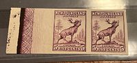 Front view of two side-by-side imperforate $5 cent caribou stamps from Newfoundland with a margin showing worn lathe work on left side