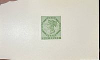Close-up of light green variant 6 Pence Prince Edward Island postage stamp proof on card.