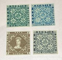 Four official Nova Scotia stamps reprints in varying colors: six pence green, three pence blue, one cent brown with queen portrait, and one shilling black.