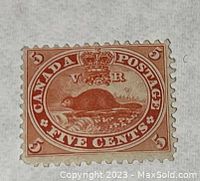 Front view of the single 5 cent Canada Beaver postage stamp V23B.