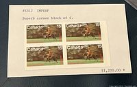 Front of imperforate corner block of 4 Canada RCMP Musical Ride stamps affixed on paper with price $1200.