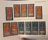 Full set of Canadian Electricity and Gas Inspection stamps from 1930 mounted on white album page, showing denominations and color variations.