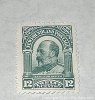 Front view of the 12 cent green Newfoundland postage stamp featuring King Edward VII, showing design and condition.