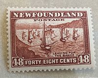 Photo of front face of a Newfoundland postage stamp, 48 cents, showing sailing ships