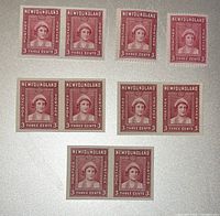 Overview of 11 Newfoundland postage stamps from 1938, showing various imperforate multiples and singles.