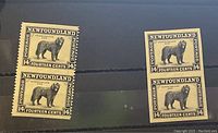 Image showing two pairs of Newfoundland 14 cent black dog stamps side by side on a dark background. Left pair is perforated, right pair is imperforate.