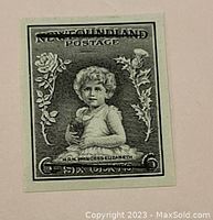 Front view of the black color trial plate proof stamp depicting Princess Elizabeth, defaced with floral decor and text.