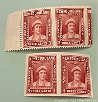 Top image shows a perforated pair and an imperforate pair of red 3-cent Newfoundland stamps featuring Queen Elizabeth.