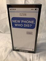 Front view of the New Phone, Who Dis? adult party game box showing the simulated phone screen with message bubble.