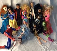 Full group of assorted dolls including Snow White, Spider-Man, Barbie, Monster High dolls
