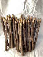 Grouped set of large colored pencils with natural bark wood barrel, sharpened tips showing colored lead cores