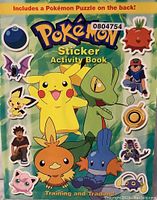 Front cover of the Pokémon Sticker Activity Book showing Pikachu, Treecko, Torchic, Mudkip, and other Pokémon characters alongside trainers Ash and Brock. The cover mentions the inclusion of a Pokémon puzzle on the back and states 'Training and Trading!'.