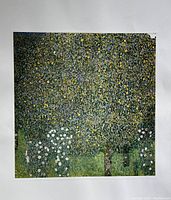 Full color image of the art print showing dense foliage with roses under the trees in impressionist style.