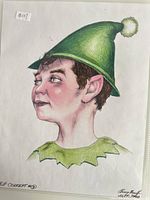 Colored elf portrait drawing titled 'Elf Concept #107' showing head profile of elf with green hat and collar.