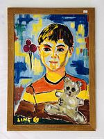 Frontal view of the framed painting showing the boy holding a teddy bear and the signature Ling 69.