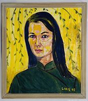 Front view of original framed painting showing woman's portrait with yellow and green background, signed by Ling.
