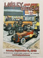 Colorful illustrated poster showing the Langley Good Times Cruise-In event with classic cars and motorcycles in front of Rico's Cafe on September 8, 2012.