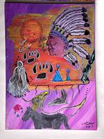 Full view of the oil painting showing Native American and Aboriginal imagery, including a chief in a feather headdress, animals, and symbolic elements on a purple background.