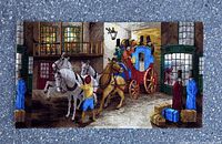 Full view of the woven rug depicting a street scene with a horse-drawn carriage, several figures, and building exteriors.