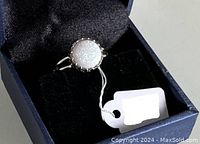 Ring displayed upright inside dark blue box showing the opal-like stone and split band.