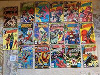 Front covers of 18 assorted Daredevil comic books.