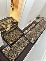 Four throw rugs with feline designs laid out on the floor in a hallway.