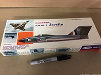 Front view of sealed Testors Hawk Gloster F.A.W. 1 Javelin model kit box showing aircraft illustration and specifications.