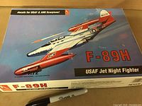 Top view of sealed box for 1:72 USAF F-89H Jet Night Fighter model kit with box art and decal information