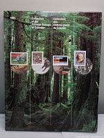 Front cover of the 1993 Canadian Postage Stamp Collection folder featuring four sample stamps on a forest background.