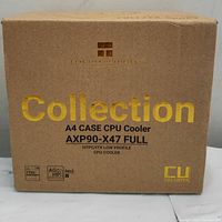 Front view of original packaging box labeled 'Collection A4 CASE CPU Cooler AXP90-X47 FULL' indicating full copper construction and low profile design.