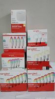 Overview of all Sengled smart lighting products in their original sealed packaging including multiple boxes of LED bulbs and the smart hub.