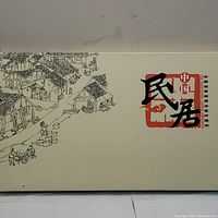 Photo of the larger album partial front cover with intricate black line drawings of traditional Chinese dwellings and red and black Chinese characters on a cream background.