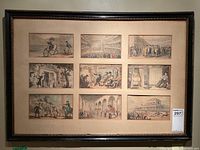 Framed arrangement of 9 satirical engravings by Rawlinson depicting humorous scenes, shown on a wall with catalog sticker visible.