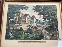 Framed antique print showing the entire scene with house, people, fountain, and trees.