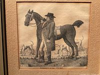 Full view of the black and white etching showing a man with horse and dogs titled Knight of the Turf.