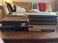 Stack of Canadian art books on a coffee table showing various titles like Inuit Dolls, Sculpture of the Eskimo, Whistler, Canadian Literary Landmarks, Kurelek Country, The Art of Emily Carr, and others.