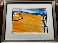 Framed, matted abstract watercolour painting showing large yellow field, blue sky and distant bridge with black outlines. Image focused on overall artwork to show condition and framing.