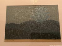 Front view of the signed lithograph showing a dark, textured landscape with white snowflakes creating a snow storm effect.