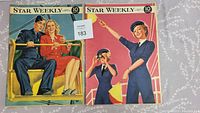 Two Star Weekly magazines side by side, one with a man in uniform and woman, the other with naval women pointing