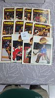 Twelve vintage Vancouver Canucks hockey magazines arranged in a group, displaying their colorful front covers with various players and game action.