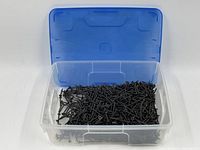 Plastic container with blue lid partially open showing a large quantity of black wood screws inside.