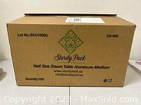 Box labeled 'Sturdy Pack Half Size Steam Table Aluminum Medium' with 100 trays inside.