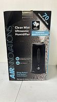 Box of the Air Innovations Clean Mist Ultrasonic Humidifier with product features and 70 hour runtime indication.