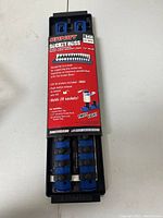 Front view of Ernst Socket Boss socket rail organizer packaging showing features and capacity of 28 sockets