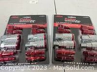 Two Milton Color Fit 14 piece coupler/plug kits side by side, clearly showing the metal couplers and red plugs on branded packaging.