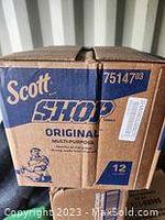 Box of Scott Shop Original Multi-Purpose Towels, labeled with product number 75147 and quantity of 12 packages.