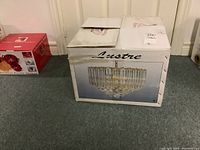 Photo of original box showing chandelier image and branding.