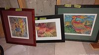 Three framed art pieces with colorful bird and nature themes, shown resting against basement wall
