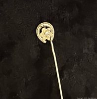Stick pin with horseshoe and flower design with clear stone, shown on a dark background to highlight details.